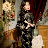 2023 New Womens Dress Tencel Jacquard Slim Long Stand Collar Black Autumn Winter Cheongsam Evening Dress