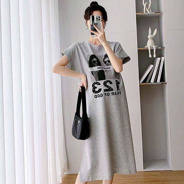 naza-trend-store-free-shipping-ชุดฤดูร้อนสำหรับคนท้องเสื้อแขนสั้นแฟชั่นฤดูร้อนผ่าข้างเหนือเข่าชุดหลวมเสื้อยืดฤดูร้อนกระโปรงยาว