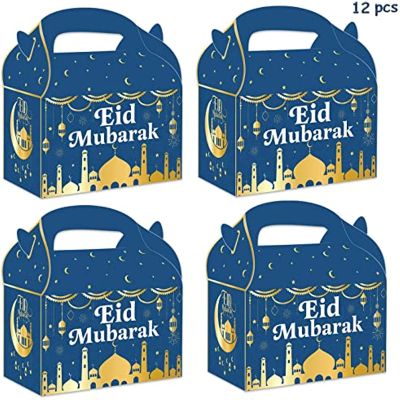 JOLLYBOOM 12แพ็ค Eid Mubarak กล่องของขวัญ,ถุงขนมหวานกระดาษรอมฎอนมูบารัคกล่องลูกอมสินค้าดีสำหรับกล่องของชำร่วย Eid กล่องของขวัญปีใหม่อิสลาม