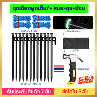 [ชุดเชือกผูกเต็นท์+ สมอ 12 ตัว +ถุง+ฆ้อน] สมอบก ยาว 30 ซม หัวแข็งแรง มีห่วงเรืองแสง เชือกสะท้อนแสงสีฟ้า เชือกกางเต้นท์ เชือกผูกเต็นท์ ส่งไว