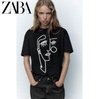 ZARA เสื้อยืดแขนลำลองขาสั้นสำหรับผู้หญิงคอกลมตกแต่งรายละเอียดแบบคู่ใหม่00858