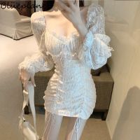 2019 New Fashion Women Square Neck Long Sleeve Drawstring Lace Dress