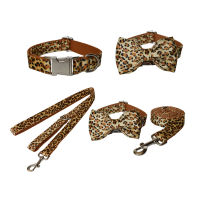 Leopard Print Dog Leash and Collar Set Polyester Puppy Pug Bowknot Necklace Hand Holding Rope Accessories for Cats and Dogs