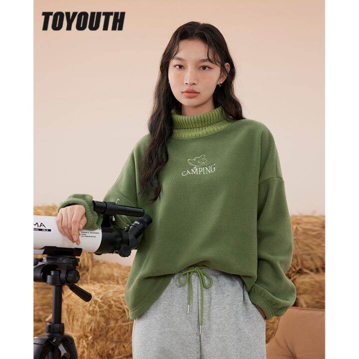 toyouth-เสื้อฟลีซกันหนาวสองชิ้นแขนยาวปลอมสำหรับผู้หญิง-เสื้อคอเต่าทรงหลวมมีฮู้ดเสื้อสวมหัวแบบลำลอง