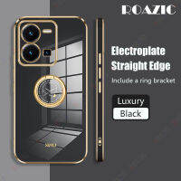 ROAZIC สำหรับ VIVO Y35เคสโทรศัพท์ [ฟรีที่วางแหวน] ตรง Electroplate Edge Glossy Casing Soft TPU Anti-Fall ฝาหลัง