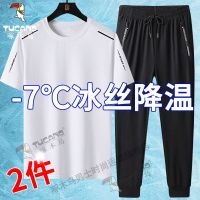 【July hot】 Woodpecker ice silk sports suit mens short-sleeved T-shirt summer thin section quick-drying new ins two-piece set