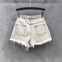 DEAT 2022 Spring New Arrivlas Streetwear High Waist Rhinestone Tassel Loose Grey Ripped Denim Shorts Women