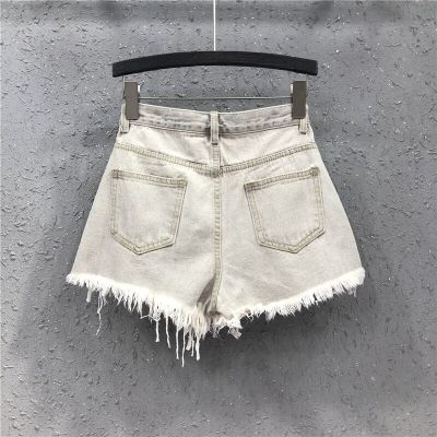 DEAT 2022 Spring New Arrivlas Streetwear High Waist Rhinestone Tassel Loose Grey Ripped Denim Shorts Women