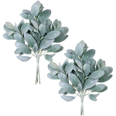 24Pcs Artificial Flocked Lambs Ear Leaves Stems Faux Lambs Ear Branches Picks Greenery Sprays for Vase Bouquet Wreath