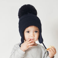 Winter Kids Hat Big Pompom Cartoon Cotton Knit Baby Beanie Hats for Boys and Girls with Fleece Lining Bomber Caps for Children