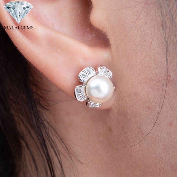 malai-gems-ต่างหูมุก-เงินแท้-silver-925-เพชรสวิส-cz-เคลือบทองคำขาว-รุ่น11004618-แถมกล่อง-ต่างหูเพชร-ต่างหูเงินแท้