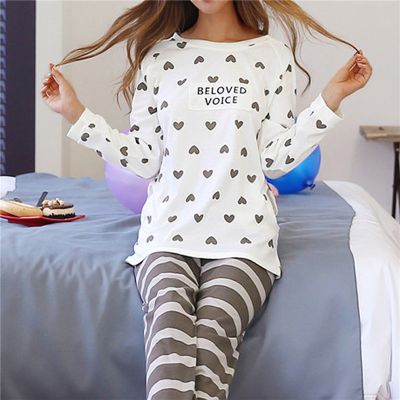 Cartoon Cotton Pajamas Womens Spring and Autumn Models Long-sleeved Home Service Womens Simple Loose Casual Suit Large Size