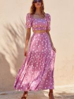 Women Dot Print Top High Waist Long Skirt Set Two Pieces Crop Top &amp; Big Swing Skirt Suits Elegant Femme Boho Outfit Vestidos