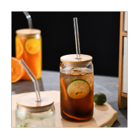 6Pcs Set Drinking Glasses 16Oz Can Shaped Glass Cup Clear Iced Coffee Cup with 6 Bamboo Lids and 6 Glass Straws