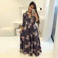 Plus Size Womens Dress Floral Print Maxi Dress A Line Long Dresses Casual Wrap Maxi Long Dress V-neck 34 Sleeve Party Dress With Belt Bohemia Oversized Women Maxi Dresses Muslimah Jubah(S~5XL)