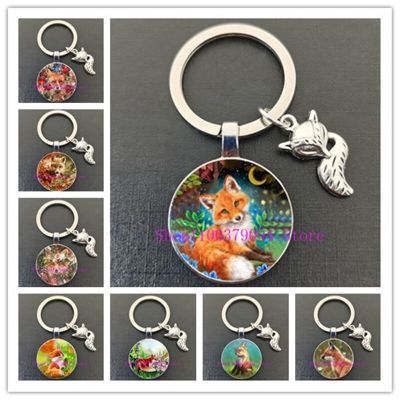 New cute fox photo glass convex keychain cute animal fox pendant key ring men and women holiday party gift DIY key ring Key Chains