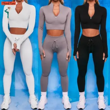 Women Long Sleeve 2PC Set Yoga Sport Suit Zipper Top Workout