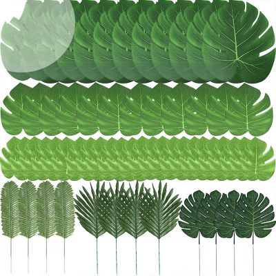 60 Pcs 6 Kinds Artificial Palm Leaves Tropical Plant Leaves Faux Monstera Leaves Stems for Hawaiian Luau Party Decorations, Jungle Beach Theme Party Table Leave Decorations