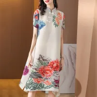 Summer Women Miyake Pleated Dress Chinese Style Loose Elegant Vintage Floral Print Buckle Stand Collar Improved Cheongsam Ladies Haberdashery