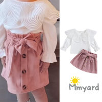 Mmyard Balita Perempuan ชุด2ชิ้นเสื้อแขนยาวสีทึบและกระดุมกระโปรงพร้อมเข็มขัดสำหรับเสื้อผ้าฤดูใบไม้ร่วงวัยหัดเดิน