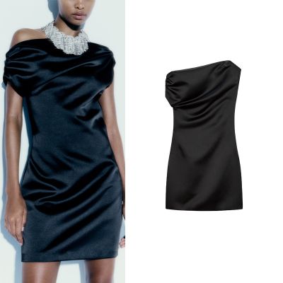 2023 Zaraอาร์คันซอฤดูใบไม้ผลิการออกแบบเสื้อคอเฉียงใหม่8342227ฝรั่งเศสย้อนยุคชุดกระโปรงผ้าไหมซาตินสีดำ