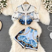 Womens Summer Chiffon Shirts And Shorts Two Piece Set Fashion Print Floral Casual Blouses Top And Short 2 Piece Outfits Women