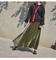 eDressU 2022 Woman Long Pleated Skirt Elegant A-line Shiny Gold High Quality Vintage Bottom HMS-9838