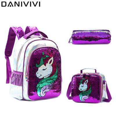 Purple Unicorn Sequin PU Kids Bags for Girls Kawaii Backpack for Children School Supplies 3 IN 1 Bag Sets Lunch Box Pencil Case