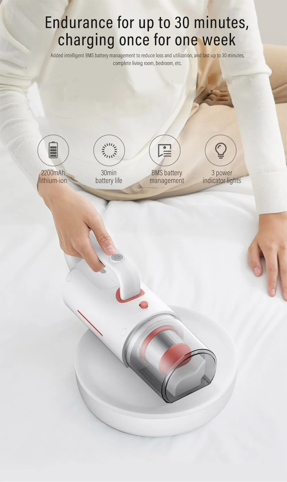 Deerma CM1900 Dust Mite Vacuum Cleaner Cordless with UV light and Powerful Motor having 3 Kinds of Brush Heads (White) 9