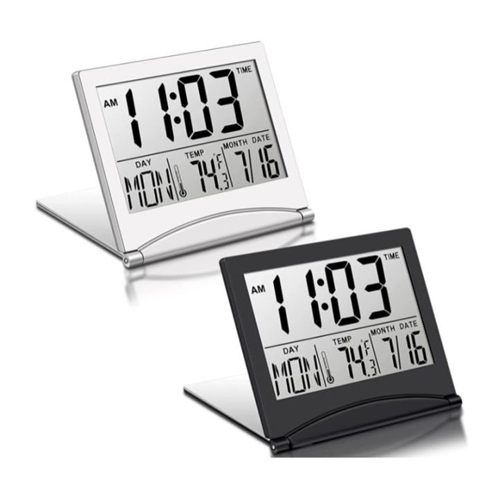 2 Pcs Digital Travel Alarm Clock Foldable LCD Clock with Calendar