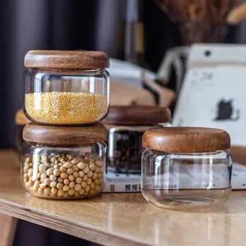 1Pc Glass Kitchen Storage Jar Wood Lid Borosilicate Glass Food Storage Jar  Sugar Spice Jar Glass