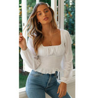 Fashion Summer Beach Women Slim Long Sleeve Lumbar Shirt Retro Puff Sleeve Sqaure Neck Blouse Formal Tops