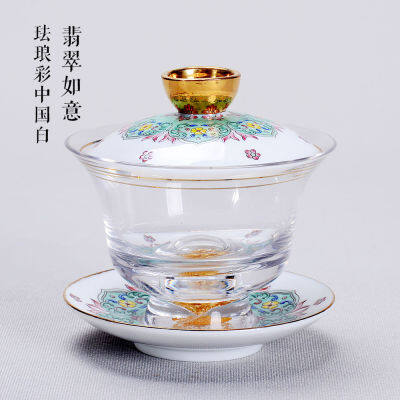 หนาแก้ว Tureen Outline In Gold ชามชาจีน Kung Fu ชุดชา Handmade Enamel สีถ้วยชาชาชา Infuser