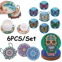 5/6/8pcs DIY Diamond Painting Coaster Non-slip Insulation Drink Cup Pad Round Set with Rack Wooden Kitchen Accessories Xmas Gift Cups  Mugs Saucers