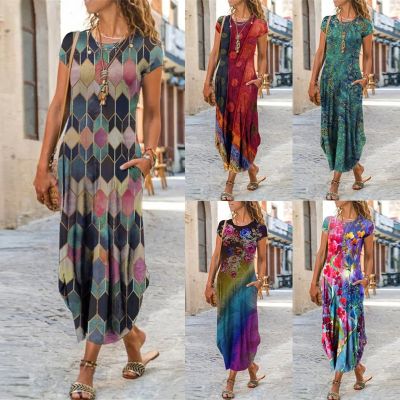 Womens Boho Floral Printed Long Dresses Summer Round Neck Short Sleeve Pockets Dress Female Vintage Casual Maxi Party Dresses