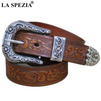 LA SPEZIA Real Leather Belt Men High Quality Camel Pin Belt Male Retro Designer Brand Cowhide Genuine Leather Carving Belt 130cm Belts