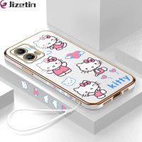 Jizetin G53โมโตโรล่าโมโต5G ฟรีสายคล้อง + การ์ตูนน่ารักแมวขอบสี่เหลี่ยมลวดลายเคสโทรศัพท์ชุบหรูหราเคสโทรศัพท์นิ่ม