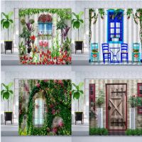 Retro Town Street Scenery Shower Curtain Flower Window Wooden Door Flower Plant Natural Landscape Bathroom Hanging Curtains Sets