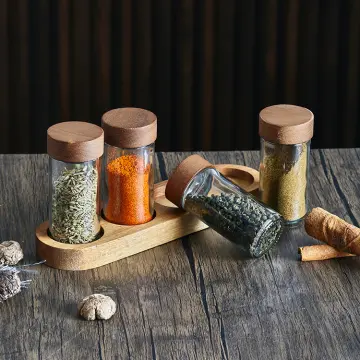 12Pcs Round Glass Seasoning Jar Kitchen Storage Bottles Wood Lid Spices  Condiment Jars Salt and Pepper