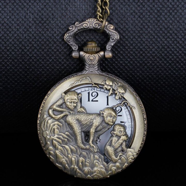 นาฬิกาพกควอตซ์สำหรับทุกเพศจี้นาฬิกาของขวัญสร้อยคอเฉพาะตัวใหม่แกะลายฉลุรูปลิง12ราศี