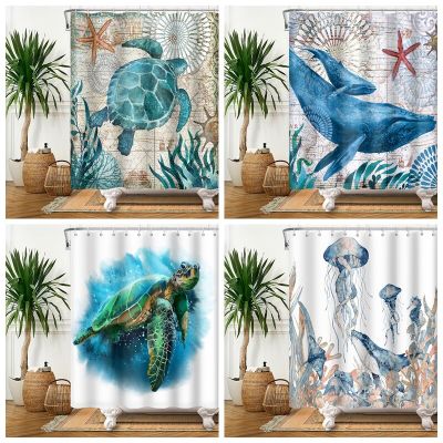 Nautical Marine Life Sea Turtles Shower Curtain Whale Crab Starfish Waterproof Polyester Bathroom Decor with Hooks 180x240