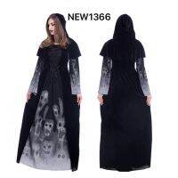 NEW1366 ชุดแม่มด,แวมไพร์ ชุด Witch Hooded Cloak Dress Scary Ghost Souls Printed ?ด่วนมีส่งGrabค่า