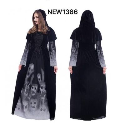 NEW1366 ชุดแม่มด,แวมไพร์ ชุด Witch Hooded Cloak Dress Scary Ghost Souls Printed 🚚ด่วนมีส่งGrabค่า