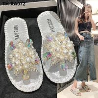 Soft-soled sandals and slippers for women to wear 2023 new summer rhinestone flowers flip-flop flat-bottom net red super hot beach sandals