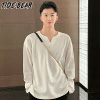 TIDE BEAR เสื้อยืดโปโล ผู้ชายแขนยาวสีทึบสำหรับผู้ชาย,เสื้อยาวปิดถึงก้นดีไซน์เฉพาะแขนยาว