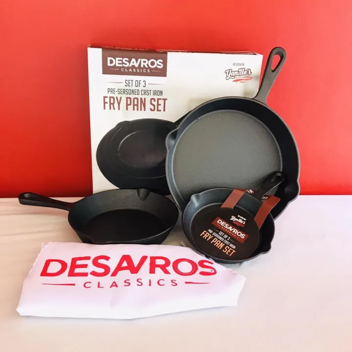 Desavros Pre Seasoned Cast Iron Pan (Set of 3) with FREE Desavros Apron
