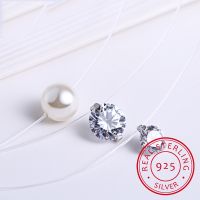 ¤ 925 Sterling Silver Zirconia Crystal Pearl Pendant Choker Necklace Transparent Fishing Line 2020 Fine Jewelry For Women