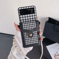 เคสโทรศัพท์ลาย Houndstooth น่ารักสำหรับ Samsung Galaxy Z Flip 4เคสฝาพับ3พร้อมสายคล้องไข่มุก Dompet Koin กระเป๋าใส่บัตรหนัง PU