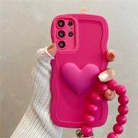 เคสลูกปัดหัวใจ INS ลายคลื่นซิลิคอนเหลวโซ่แหวนข้อมือสำหรับ Samsung Galaxy S23 S22 S22 S23พิเศษบวก S21 S20 FE กรอบนุ่ม