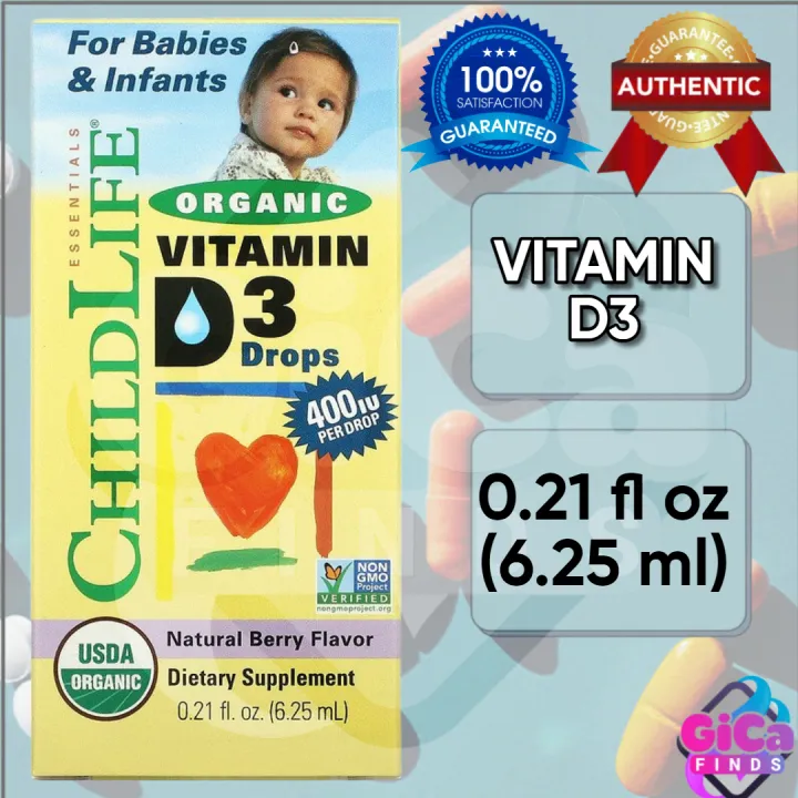 ChildLife Organic Vitamin D3 Drops Natural Berry 400 IU 0.21 fl oz 6.25 ...